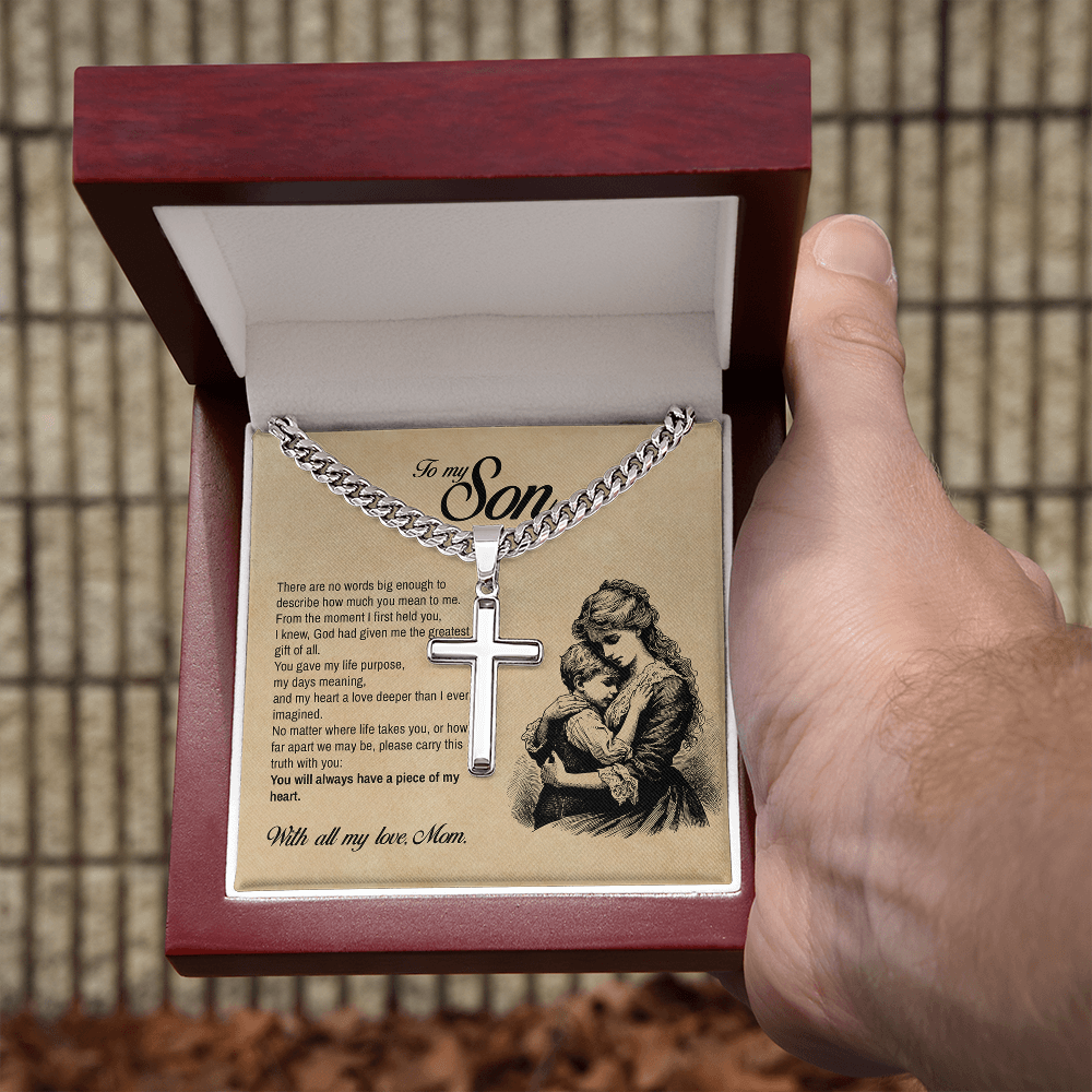 To My Son, You Will Always Have a Piece of My Heart, Engraved Cross Necklace, Gift from Mom