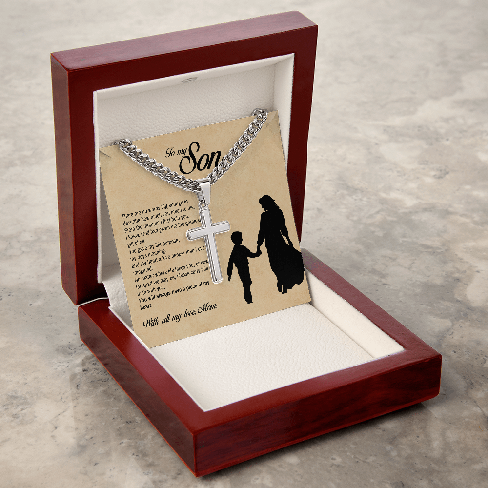 To My Son, You Will Always Have a Piece of My Heart, Engraved Cross Necklace, Gift from Mom