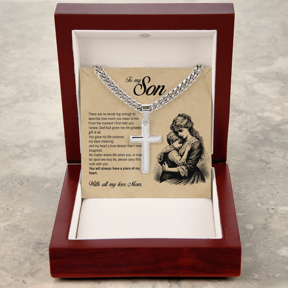 To My Son, You Will Always Have a Piece of My Heart, Engraved Cross Necklace, Gift from Mom