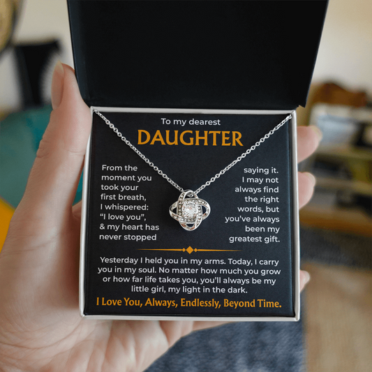 To My Dearest Daughter – You'll Always Be My Light, Love Knot Necklace from Dad or mom