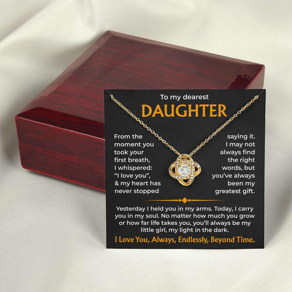 To My Dearest Daughter – You'll Always Be My Light, Love Knot Necklace from Dad or mom