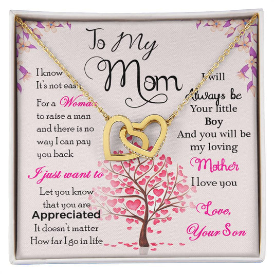 To My Mom, I Will Always Be Your Little Boy, Interlocking Hearts Necklace, Gift from Son