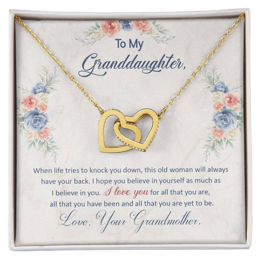 To My Granddaughter, This Old Woman Will Always Have Your Back, Interlocking Hearts Necklace, Gift from Grandma