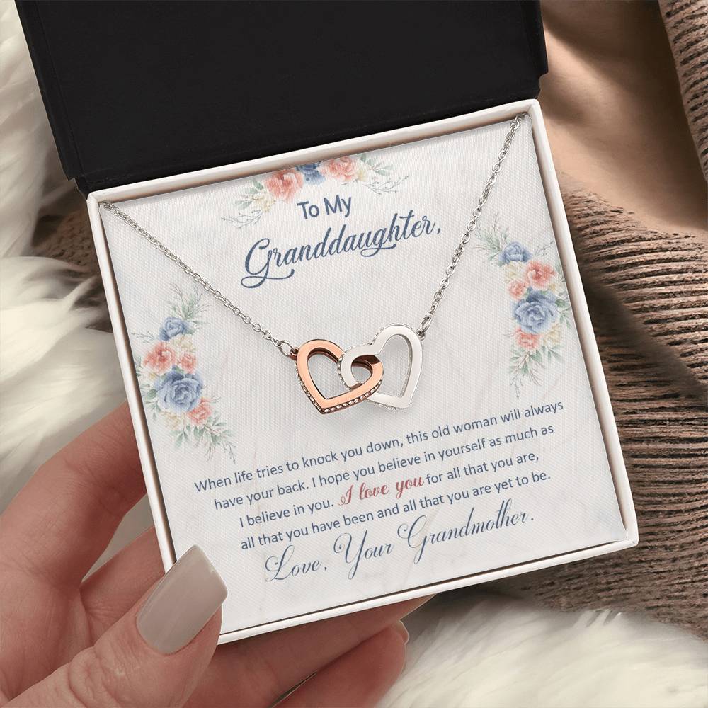 To My Granddaughter, This Old Woman Will Always Have Your Back, Interlocking Hearts Necklace, Gift from Grandma