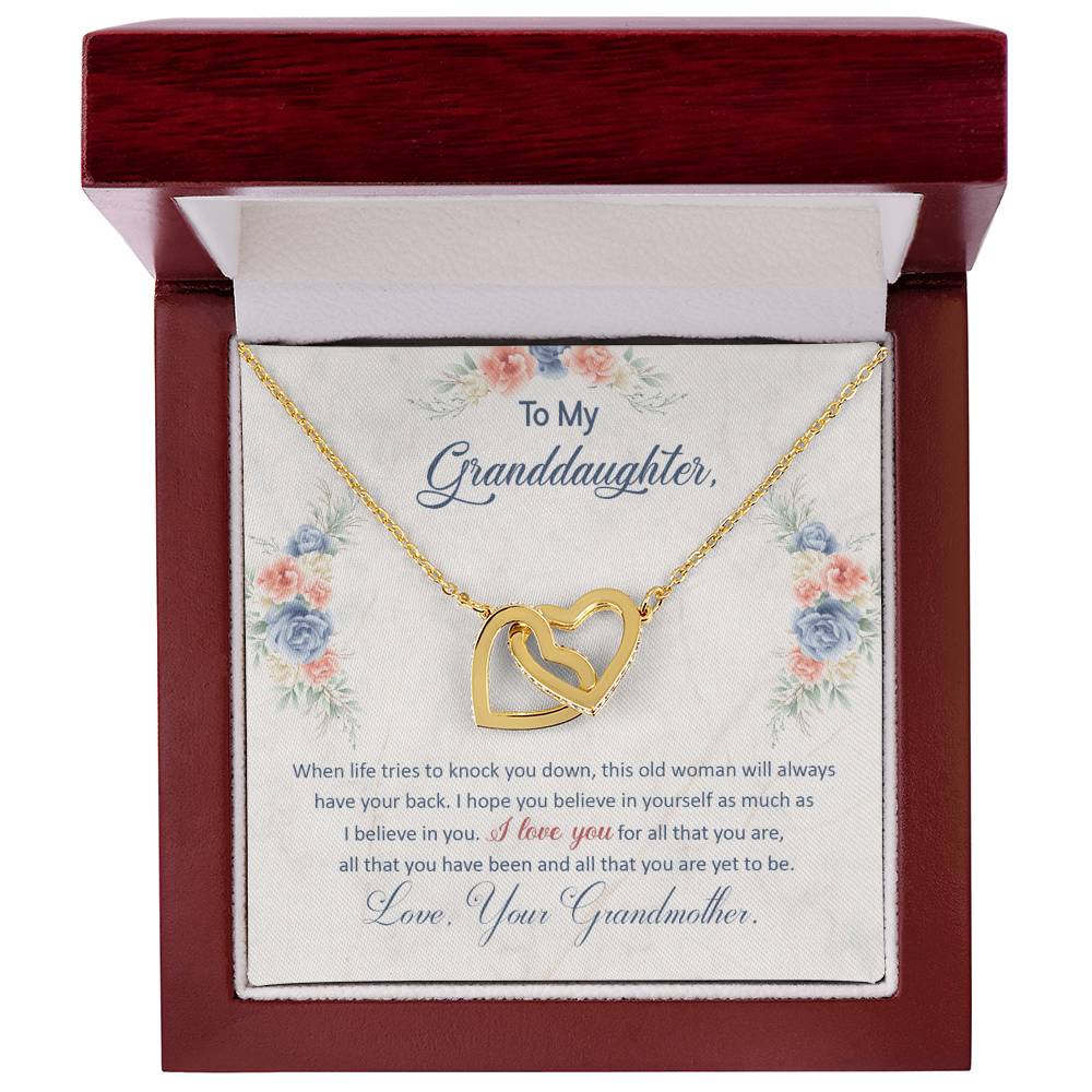 To My Granddaughter, This Old Woman Will Always Have Your Back, Interlocking Hearts Necklace, Gift from Grandma