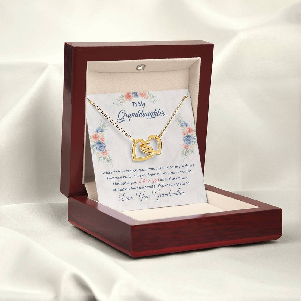 To My Granddaughter, This Old Woman Will Always Have Your Back, Interlocking Hearts Necklace, Gift from Grandma