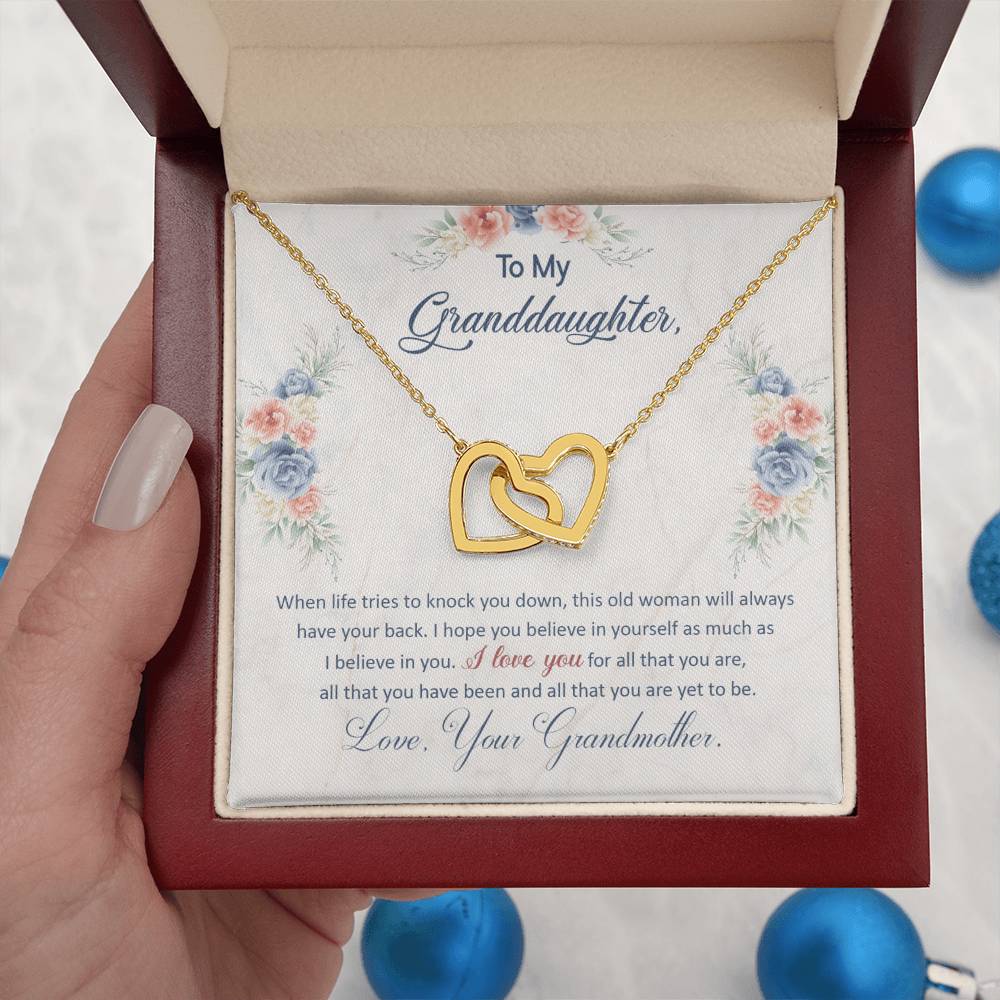 To My Granddaughter, This Old Woman Will Always Have Your Back, Interlocking Hearts Necklace, Gift from Grandma