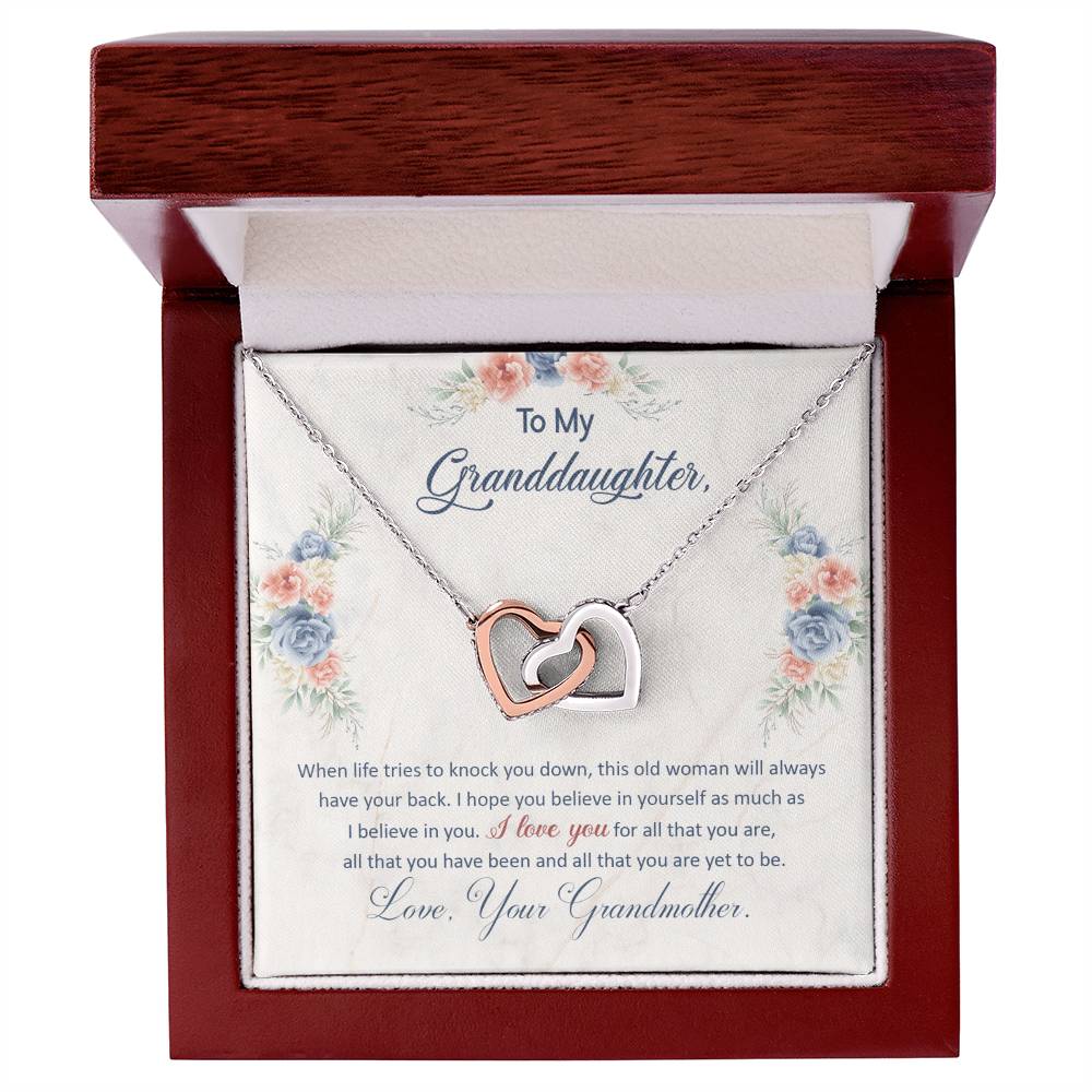To My Granddaughter, This Old Woman Will Always Have Your Back, Interlocking Hearts Necklace, Gift from Grandma