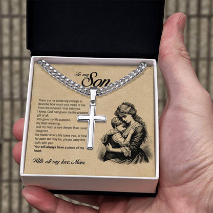 To My Son, You Will Always Have a Piece of My Heart, Engraved Cross Necklace, Gift from Mom