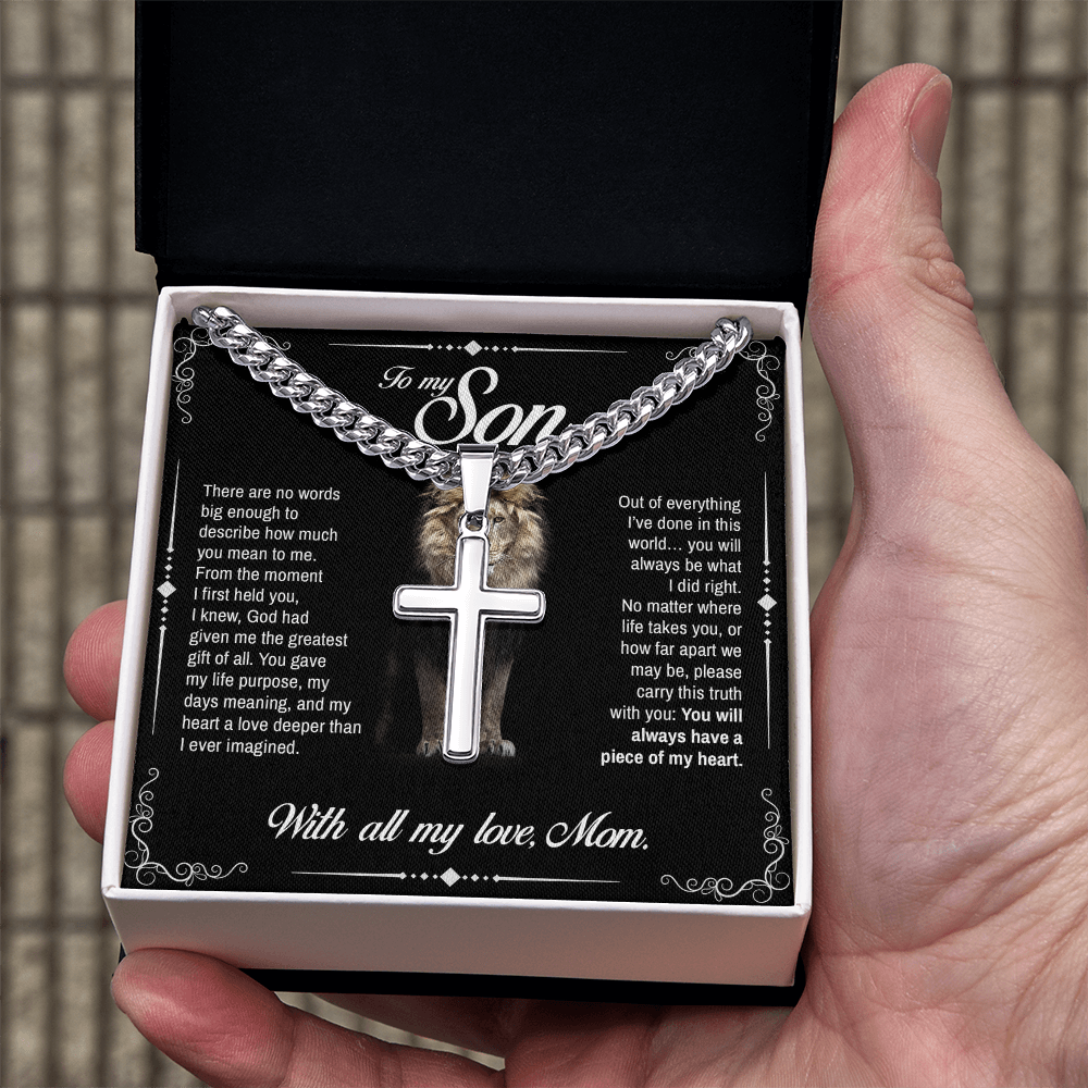 To My Son, You Will Always Have a Piece of My Heart, Engraved Artisan Cross, Gift from Mom