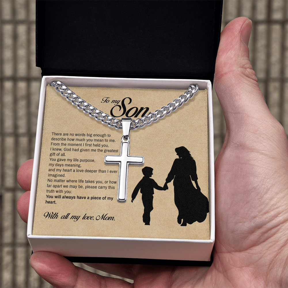 To My Son, You Will Always Have a Piece of My Heart, Engraved Cross Necklace, Gift from Mom
