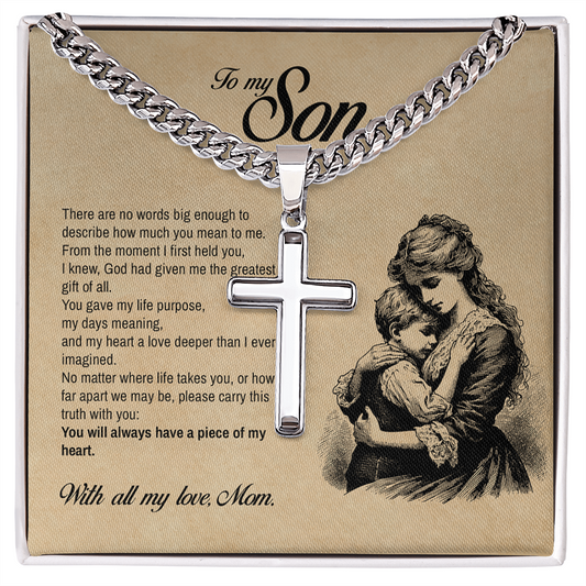 To My Son, You Will Always Have a Piece of My Heart, Engraved Cross Necklace, Gift from Mom