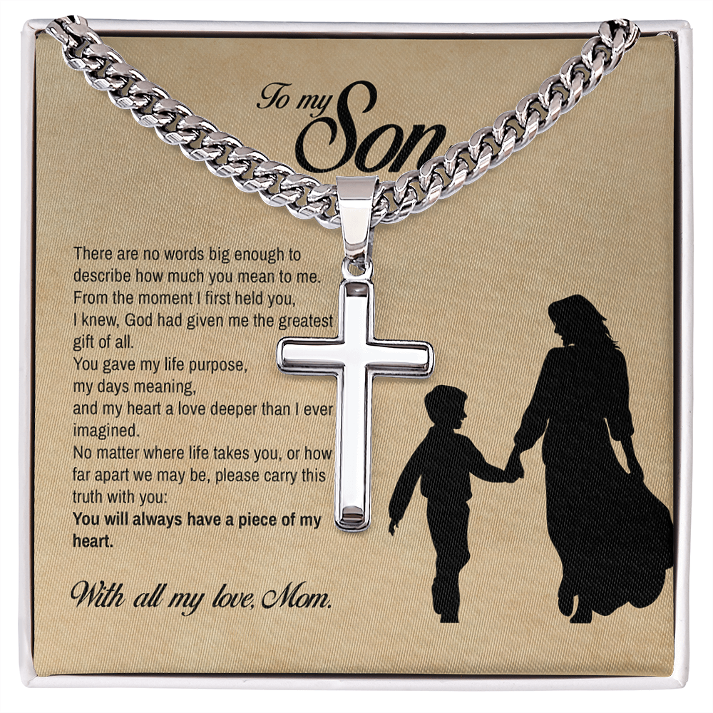 To My Son, You Will Always Have a Piece of My Heart, Engraved Cross Necklace, Gift from Mom
