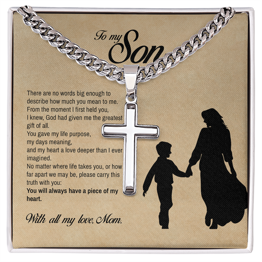 To My Son, You Will Always Have a Piece of My Heart, Engraved Cross Necklace, Gift from Mom