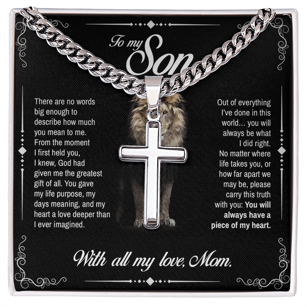 To My Son, You Will Always Have a Piece of My Heart, Engraved Artisan Cross, Gift from Mom