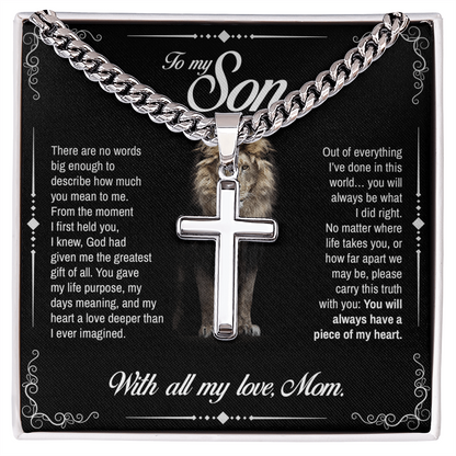 To My Son, You Will Always Have a Piece of My Heart, Engraved Artisan Cross, Gift from Mom