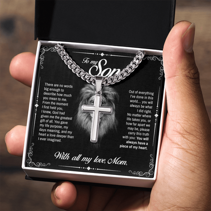 To My Son, You Will Always Have a Piece of My Heart, Engraved Artisan Cross, Gift from Mom