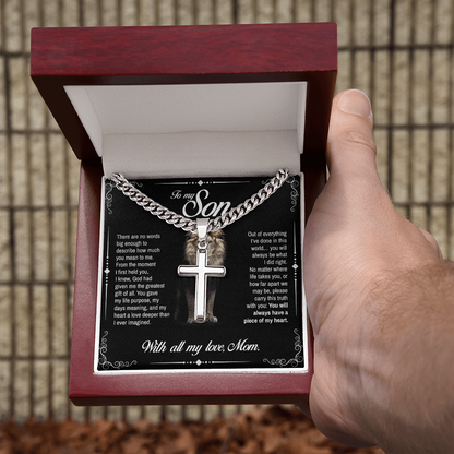 To My Son, You Will Always Have a Piece of My Heart, Engraved Artisan Cross, Gift from Mom