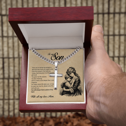 To My Son, You Will Always Have a Piece of My Heart, Engraved Cross Necklace, Gift from Mom