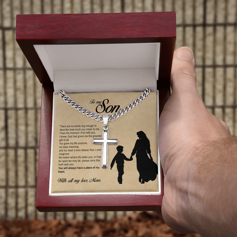 To My Son, You Will Always Have a Piece of My Heart, Engraved Cross Necklace, Gift from Mom