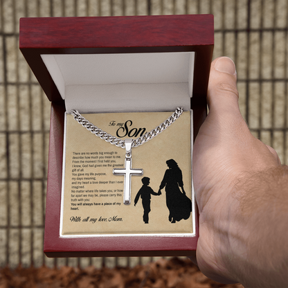To My Son, You Will Always Have a Piece of My Heart, Engraved Cross Necklace, Gift from Mom