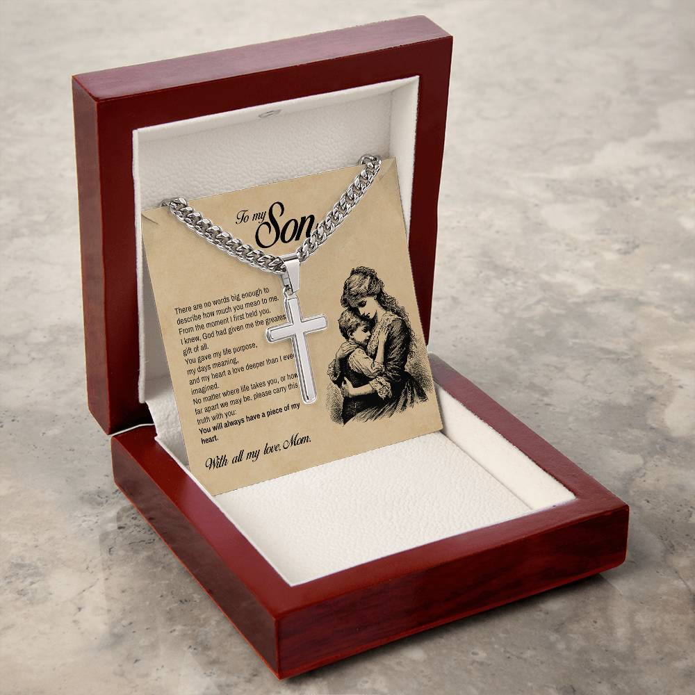 To My Son, You Will Always Have a Piece of My Heart, Engraved Cross Necklace, Gift from Mom