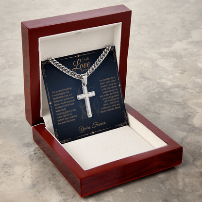To My Boyfriend/ Soulmate, You fill spaces in my heart, Engraved Cross Necklace, Gift from Girlfriend