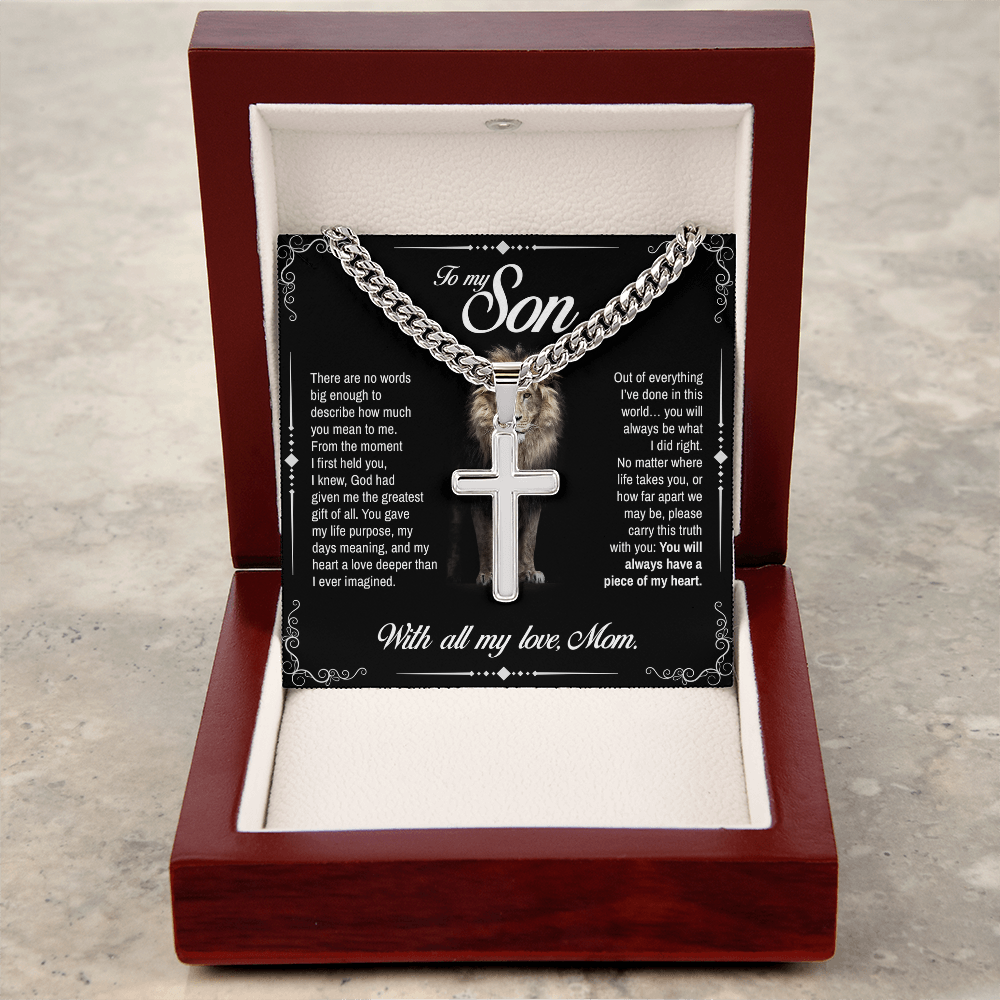 To My Son, You Will Always Have a Piece of My Heart, Engraved Artisan Cross, Gift from Mom