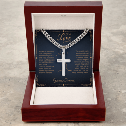 To My Boyfriend/ Soulmate, You fill spaces in my heart, Engraved Cross Necklace, Gift from Girlfriend