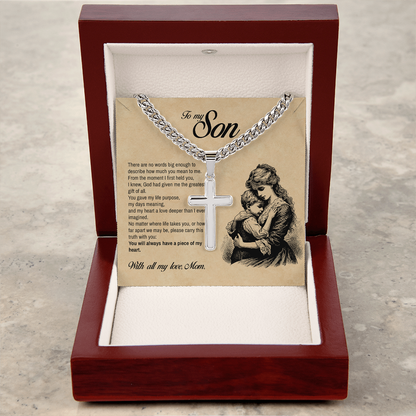 To My Son, You Will Always Have a Piece of My Heart, Engraved Cross Necklace, Gift from Mom