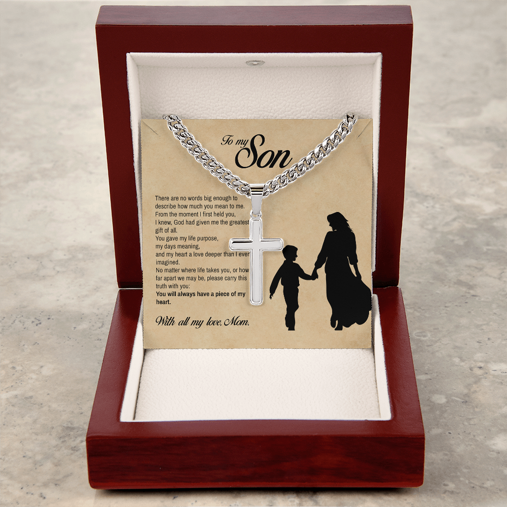 To My Son, You Will Always Have a Piece of My Heart, Engraved Cross Necklace, Gift from Mom