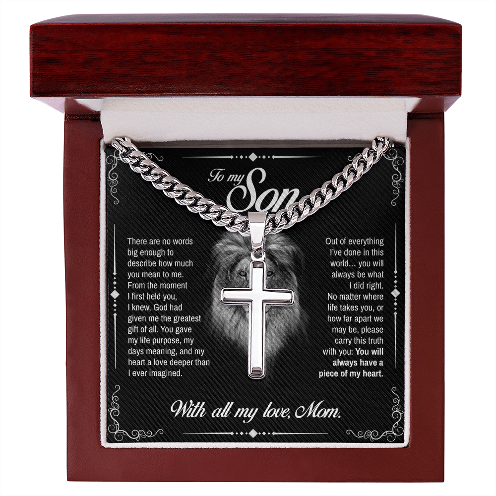 To My Son, You Will Always Have a Piece of My Heart, Engraved Artisan Cross, Gift from Mom