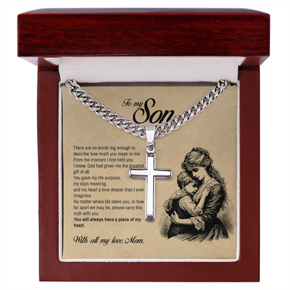 To My Son, You Will Always Have a Piece of My Heart, Engraved Cross Necklace, Gift from Mom