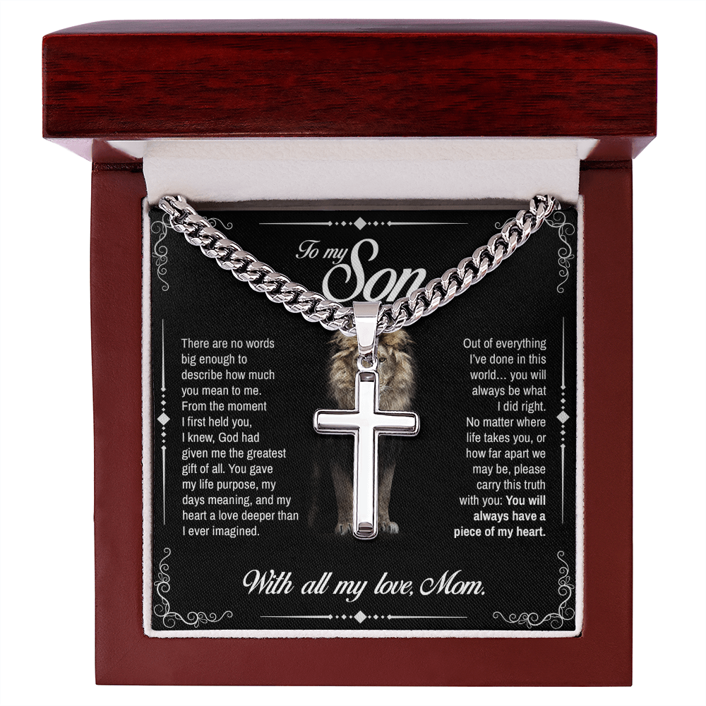 To My Son, You Will Always Have a Piece of My Heart, Engraved Artisan Cross, Gift from Mom