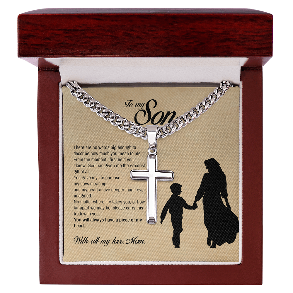 To My Son, You Will Always Have a Piece of My Heart, Engraved Cross Necklace, Gift from Mom