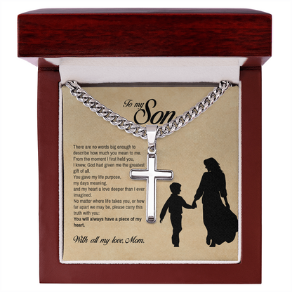 To My Son, You Will Always Have a Piece of My Heart, Engraved Cross Necklace, Gift from Mom