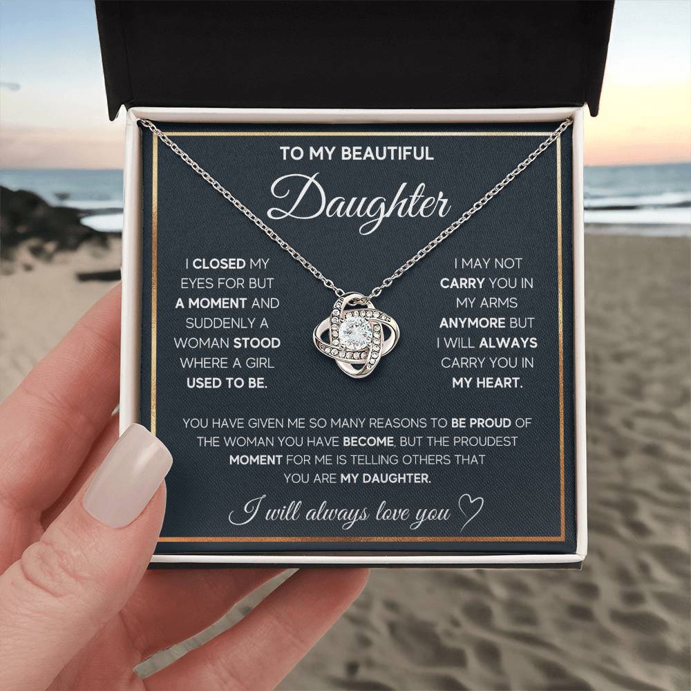 To My Beautiful Daughter, I Will Always Love You, Love Knot Necklace, Gift from Mom