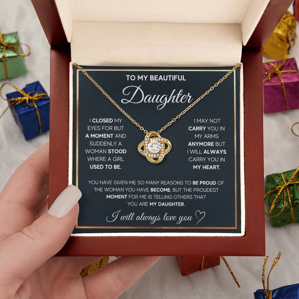 To My Beautiful Daughter, I Will Always Love You, Love Knot Necklace, Gift from Mom