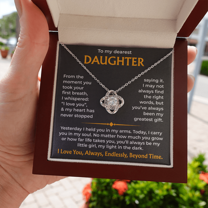 To My Dearest Daughter – You'll Always Be My Light, Love Knot Necklace from Dad or mom