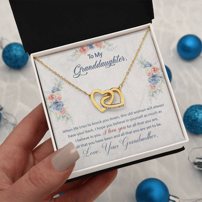 To My Granddaughter, This Old Woman Will Always Have Your Back, Interlocking Hearts Necklace, Gift from Grandma
