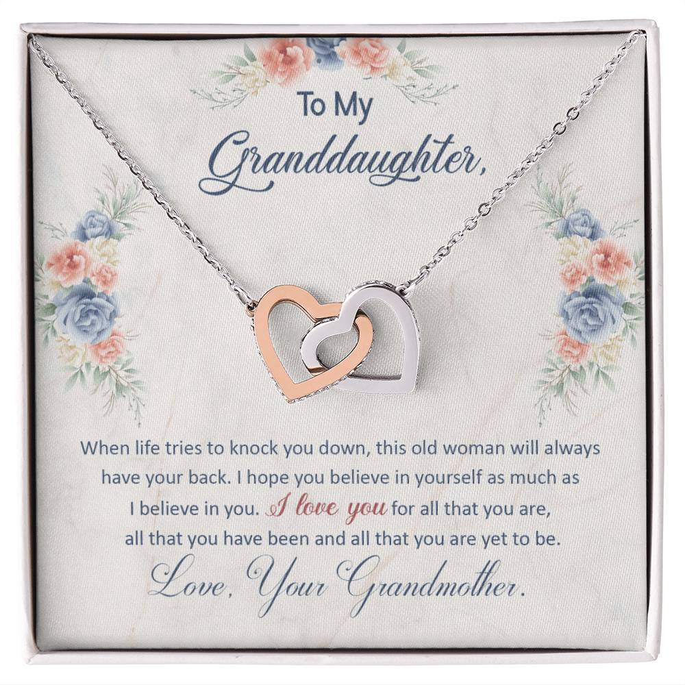 To My Granddaughter, This Old Woman Will Always Have Your Back, Interlocking Hearts Necklace, Gift from Grandma