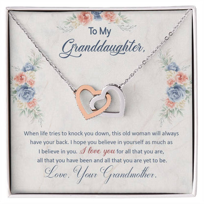 To My Granddaughter, This Old Woman Will Always Have Your Back, Interlocking Hearts Necklace, Gift from Grandma
