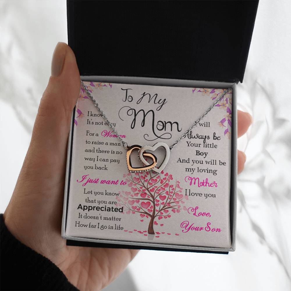 To My Mom, I Will Always Be Your Little Boy, Interlocking Hearts Necklace, Gift from Son