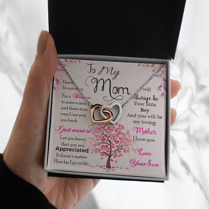 To My Mom, I Will Always Be Your Little Boy, Interlocking Hearts Necklace, Gift from Son