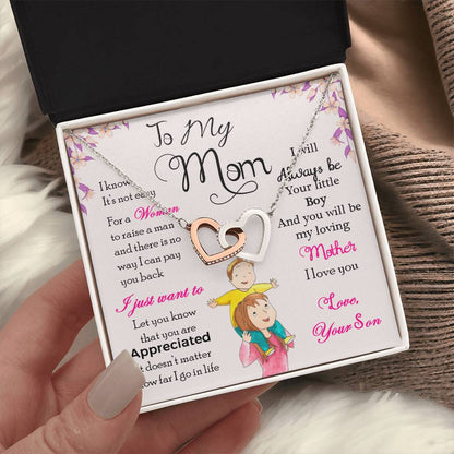 To My Mom, I Will Always Be Your Little Boy, Interlocking Hearts Necklace from Son