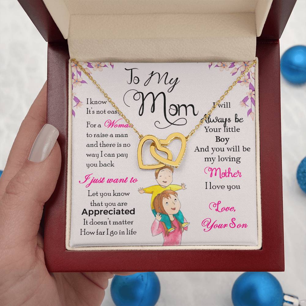 To My Mom, I Will Always Be Your Little Boy, Interlocking Hearts Necklace from Son