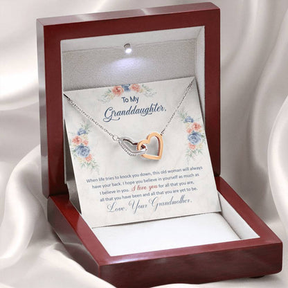 To My Granddaughter, This Old Woman Will Always Have Your Back, Interlocking Hearts Necklace, Gift from Grandma