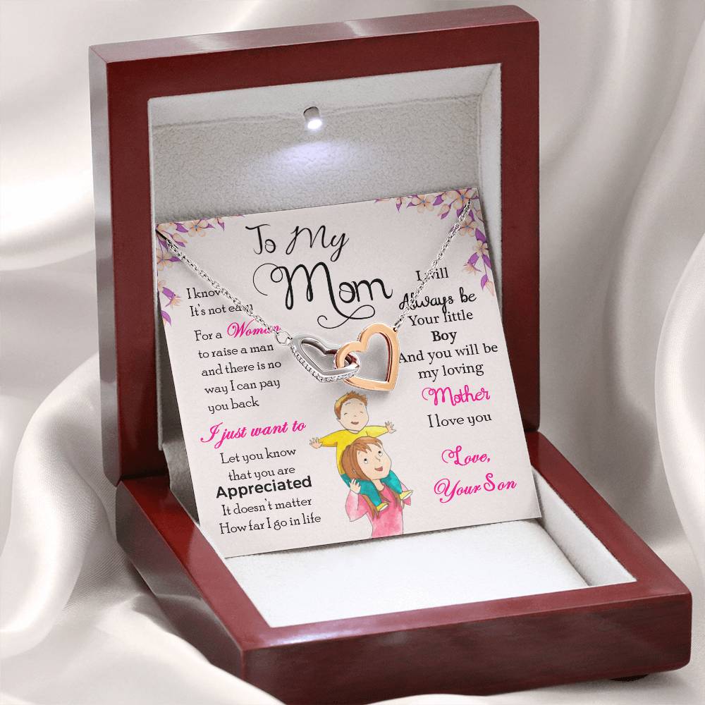 To My Mom, I Will Always Be Your Little Boy, Interlocking Hearts Necklace from Son