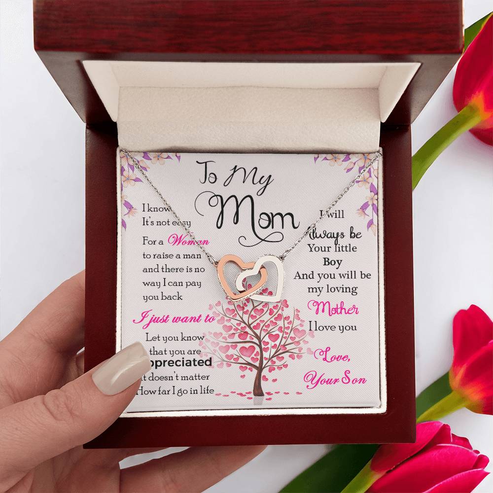 To My Mom, I Will Always Be Your Little Boy, Interlocking Hearts Necklace, Gift from Son