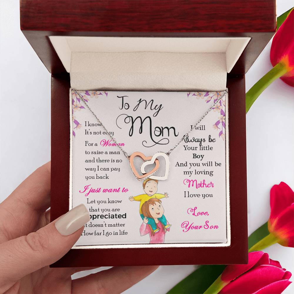 To My Mom, I Will Always Be Your Little Boy, Interlocking Hearts Necklace from Son